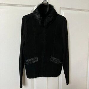 Y2K Escapade Black Stretch Ribbed Knit Suede Rabbit Fur Collar Sweater Jacket